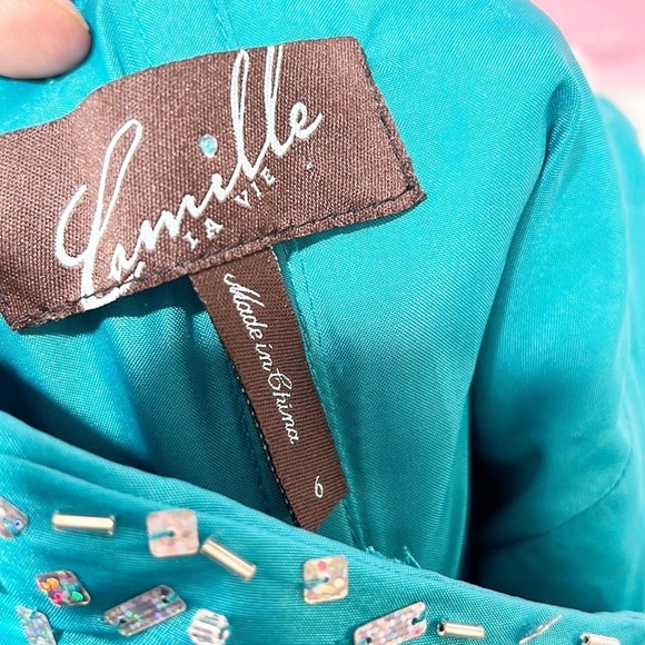 CAMILLE La Vie Turquoise Beaded Sweatheart Neck Ruched Strapless Gown size 6 - Picture 13 of 15
